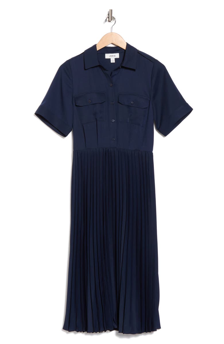 JASON WU Accordion Pleat Midi Dress, Alternate, color, Navy