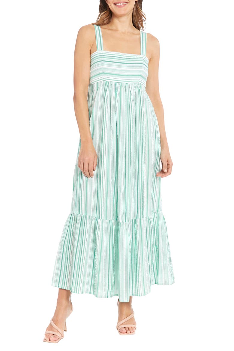Striped Empire Waist Cotton Maxi Dress, Main, color, TEAL WHITE