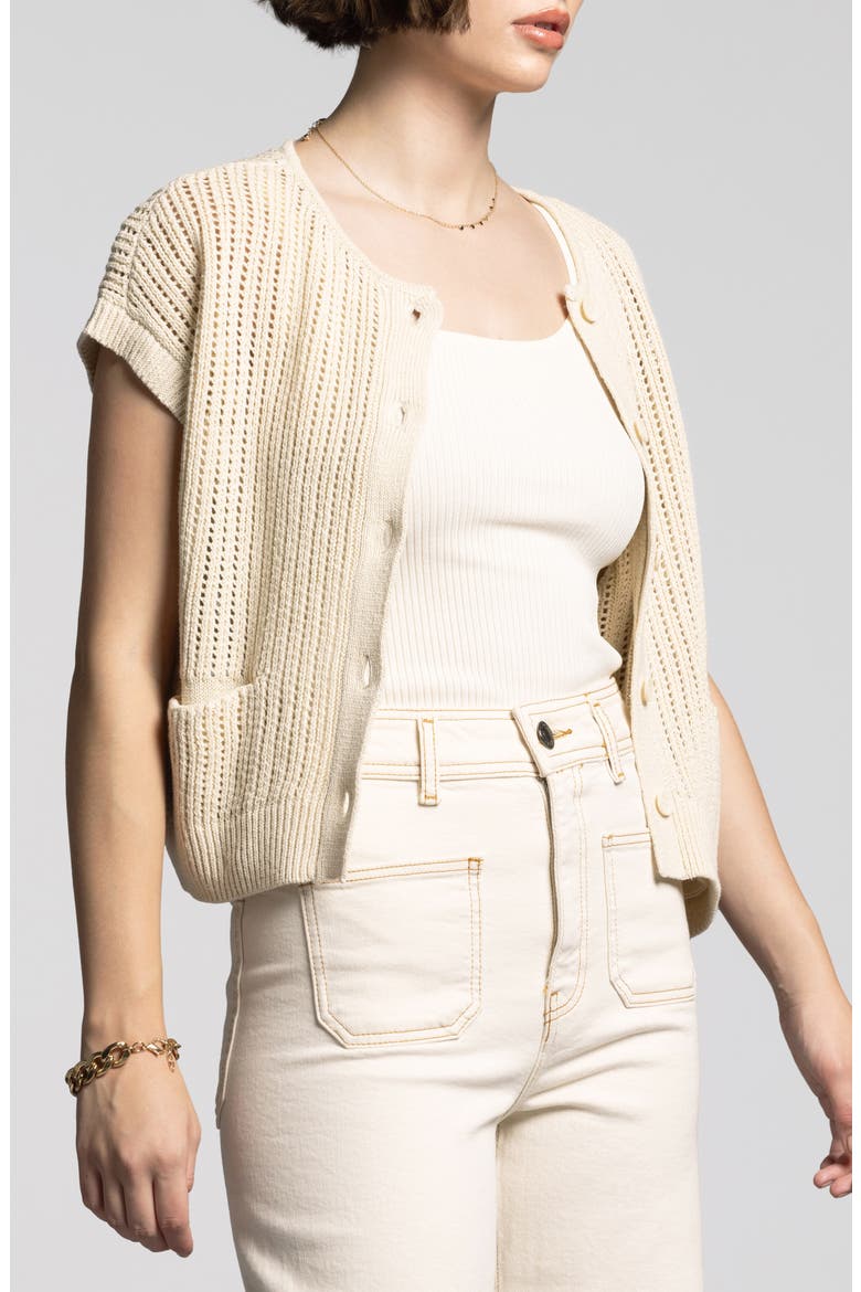 Violette Short Sleeve Linen & Cotton Cardigan, Alternate, color, BONE