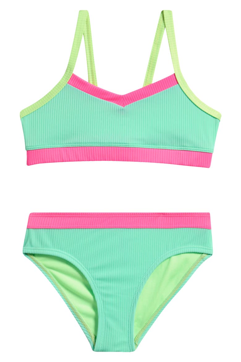 Kids' Colorblock Two-Piece Bikini Swimsuit, Main, color, GREEN MULTI
