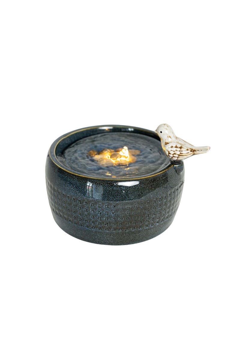 8.86" Blue Porcelain Bird Fountain with Natural Pebbles & LED Lights, Alternate, color, Blue
