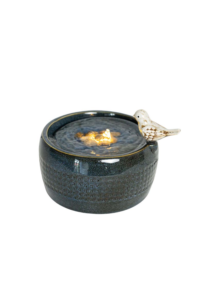 Foreside Home and Garden 8.86" Blue Porcelain Bird Fountain with Natural Pebbles & LED Lights, Alternate, color, Blue