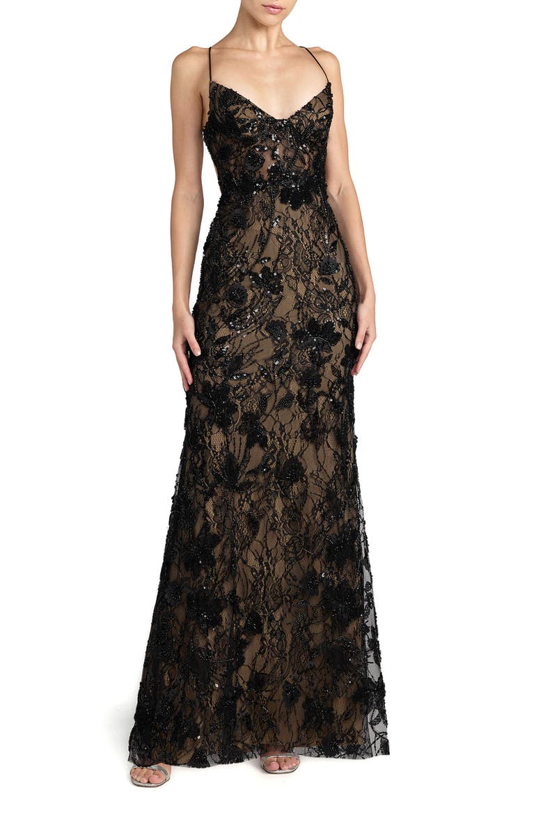 Sleeveless Embellished Open Back Column Gown, Main, color, Black Nude