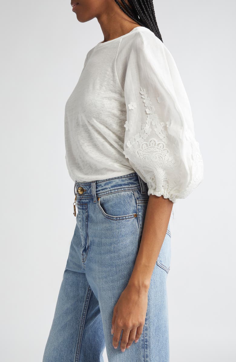 Zimmermann Lace Appliqué Lantern Sleeve Linen T-Shirt, Alternate, color, Ivory