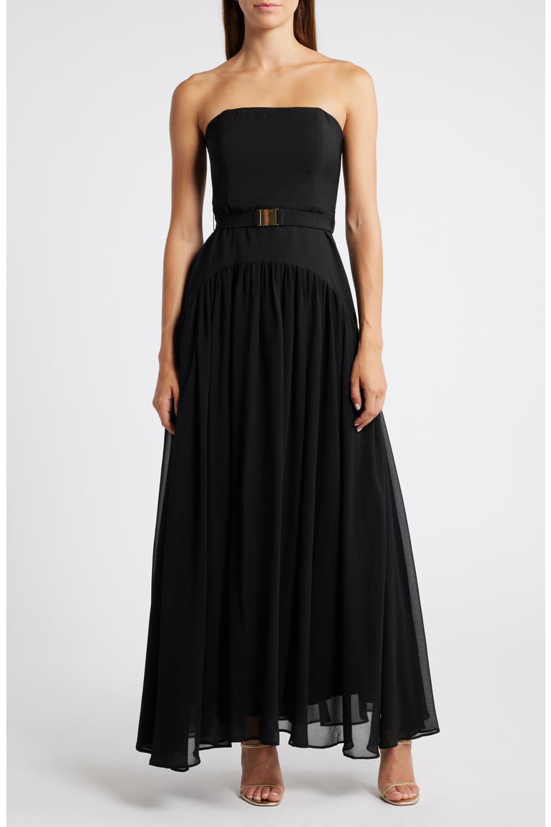 Belted Strapless Drop Waist Dress, Main, color, BLACK