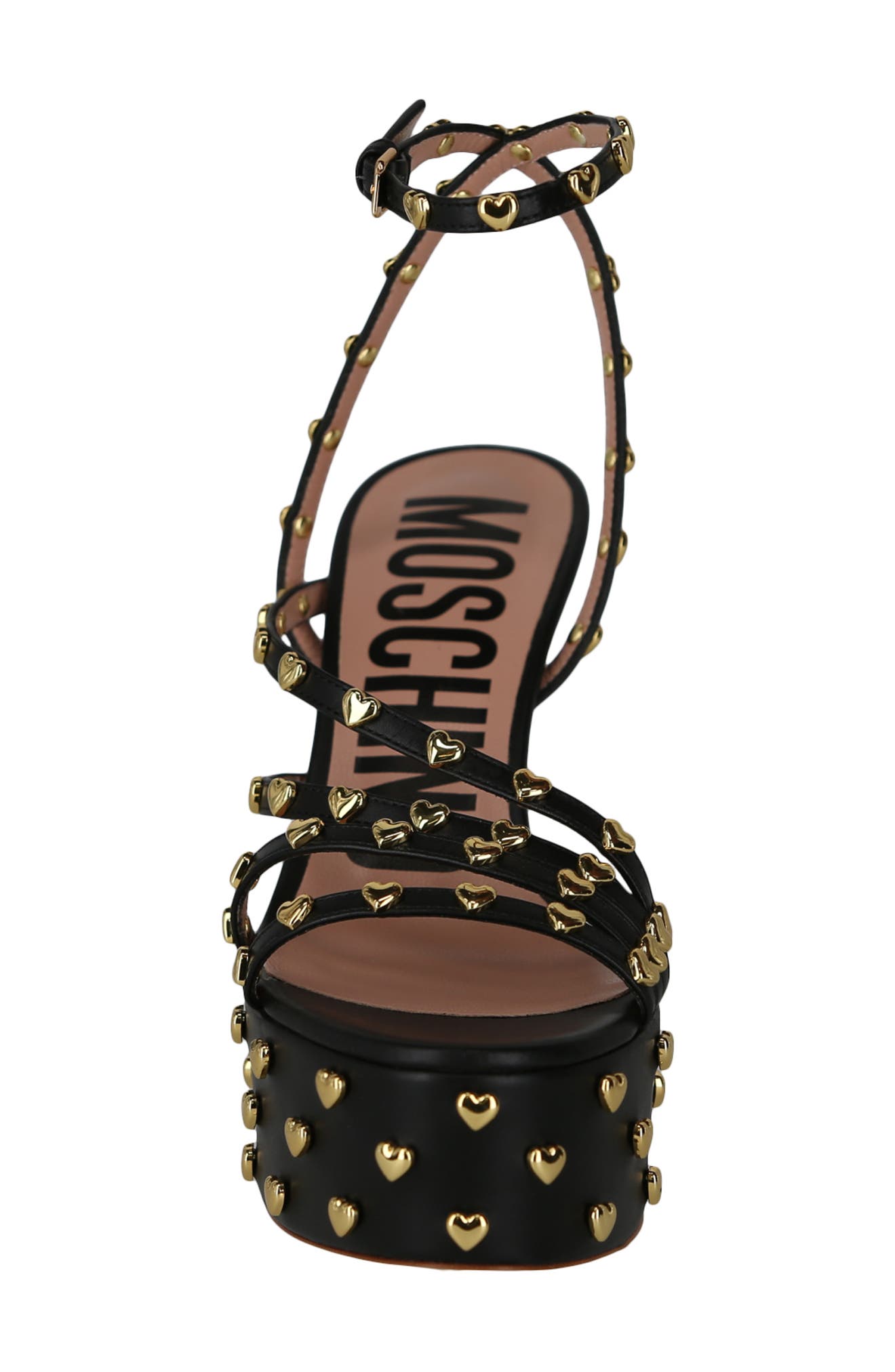 Moschino Heart Studded Ankle Strap Platform Sandal, Alternate, color, Black