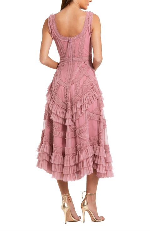 Women's Scoop Neck Sleeveless Mesh Micro Ruffle Midi Dress