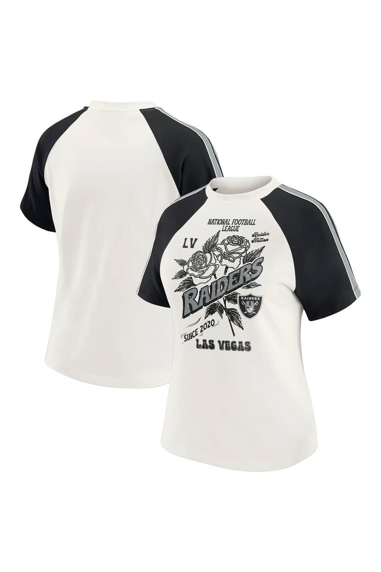 Women's WEAR by Erin Andrews White Las Vegas Raiders Sleeve Stripe Distressed Raglan T-Shirt, Alternate, color, White