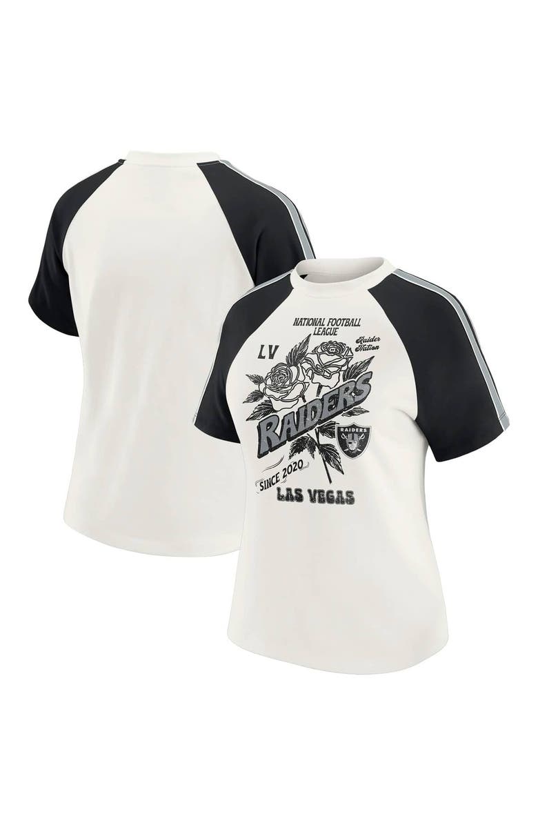WEAR by Erin Andrews Women's WEAR by Erin Andrews White Las Vegas Raiders Sleeve Stripe Distressed Raglan T-Shirt, Alternate, color, White