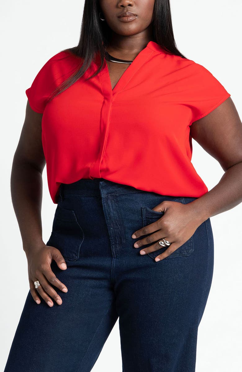 ELOQUII Short Sleeve Band Collar Shirt, Main, color,