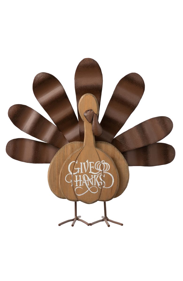 Glitzhome Thanksgiving Wooden & Metal Turkey Table Decor, Main, color, Brown