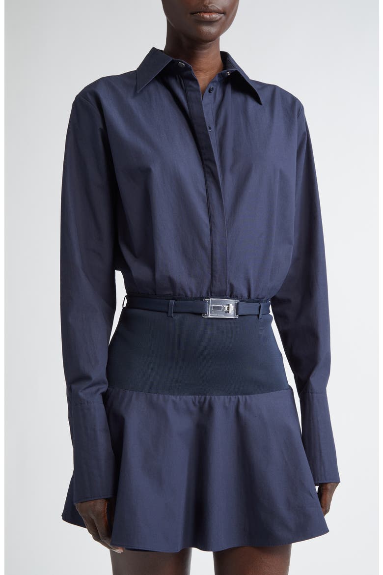 Irene Long Sleeve Mixed Media Shirtdress, Alternate, color, NAVY