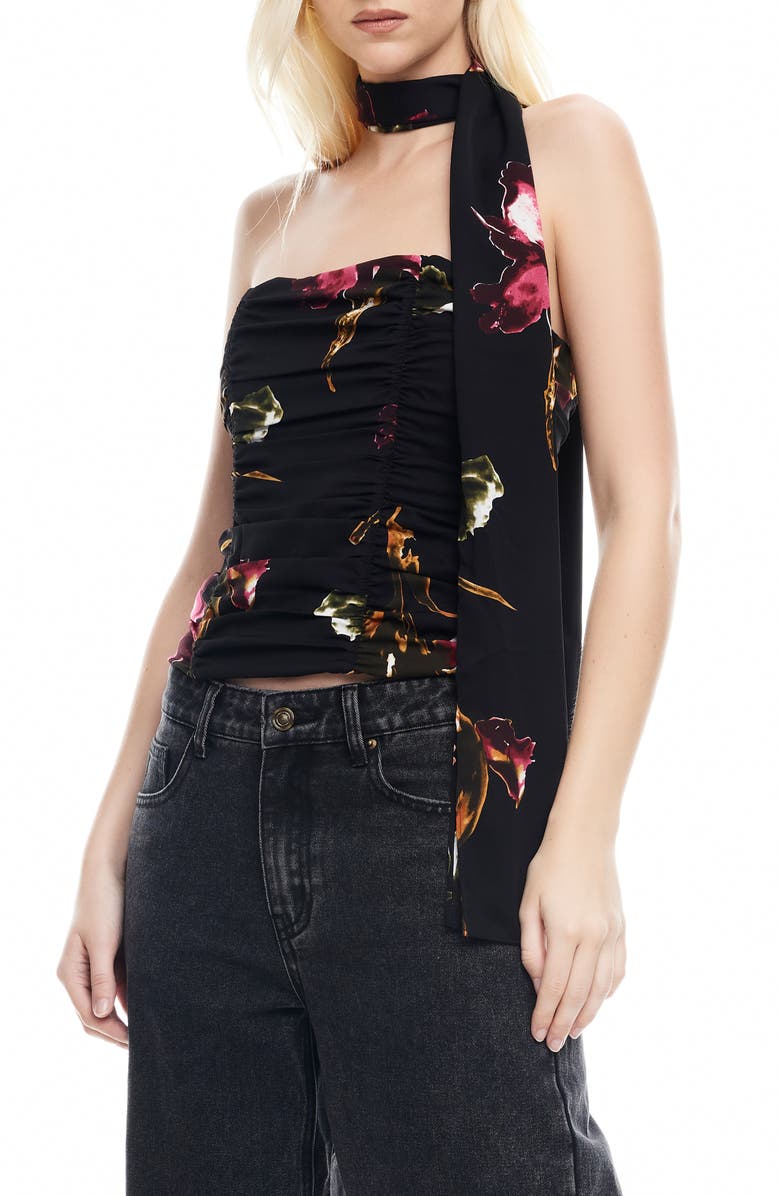 LIONESS Island Ruched Strapless Top & Scarf Set, Alternate, color, Onyx Floral
