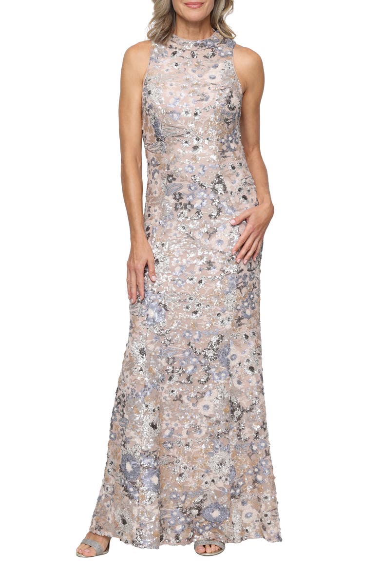 Sequin Floral Stretch Gown, Main, color, TAUPE MULTI