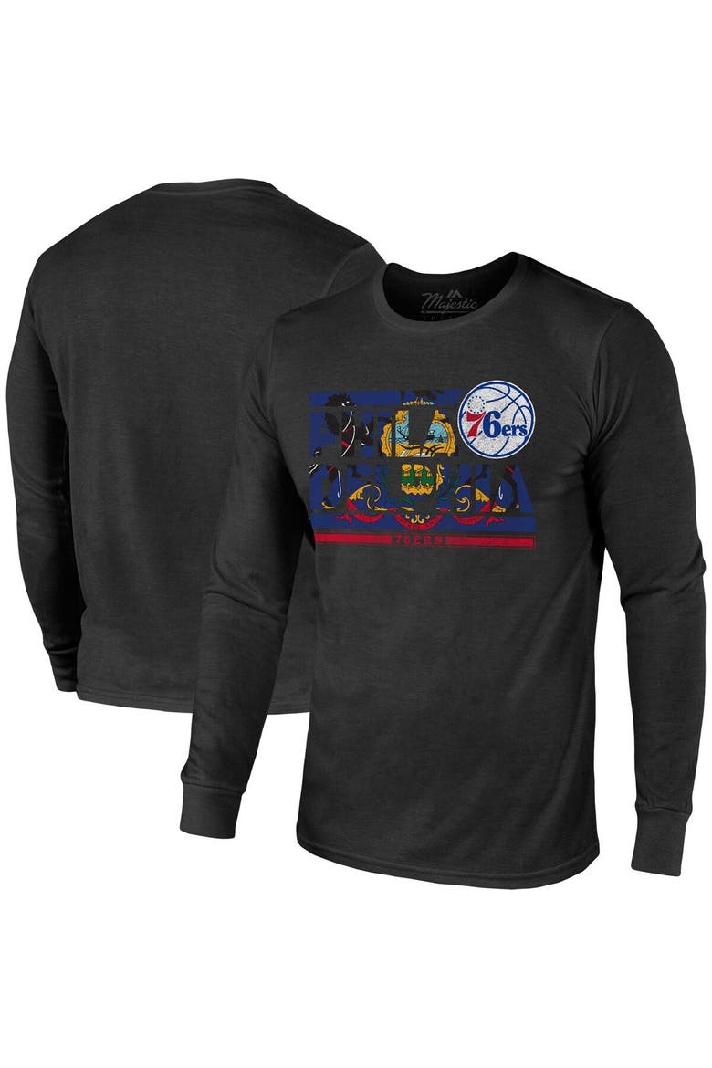 Men's Majestic Threads Black Philadelphia 76ers City and State Tri-Blend Long Sleeve T-Shirt, Main, color, Black
