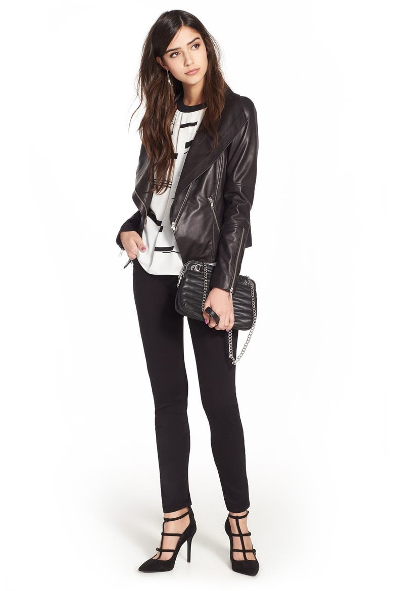 Drape Front Leather Jacket, Alternate, color, BLACK