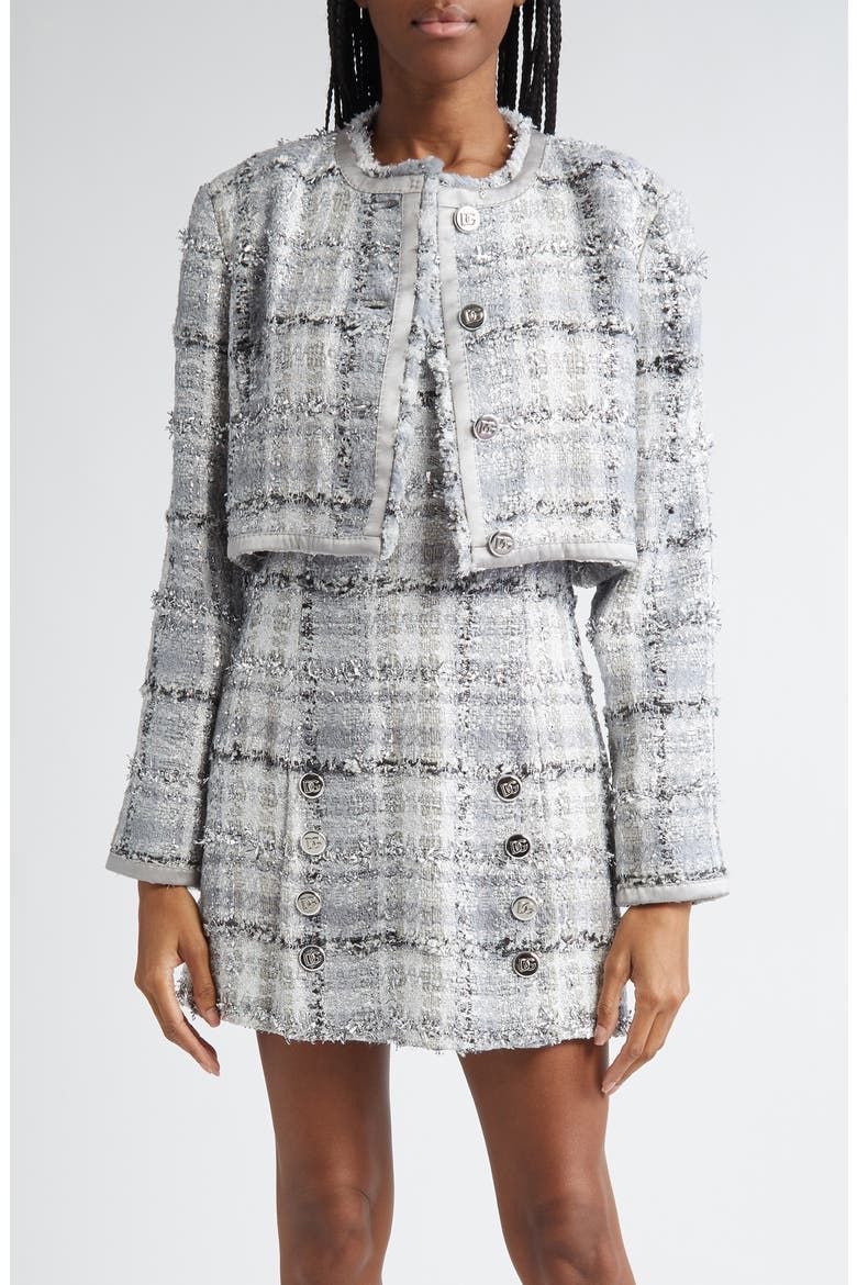 Check Raschel Tweed Crop Jacket, Main, color, S8100 QUADRI-CHECK-TARTAN