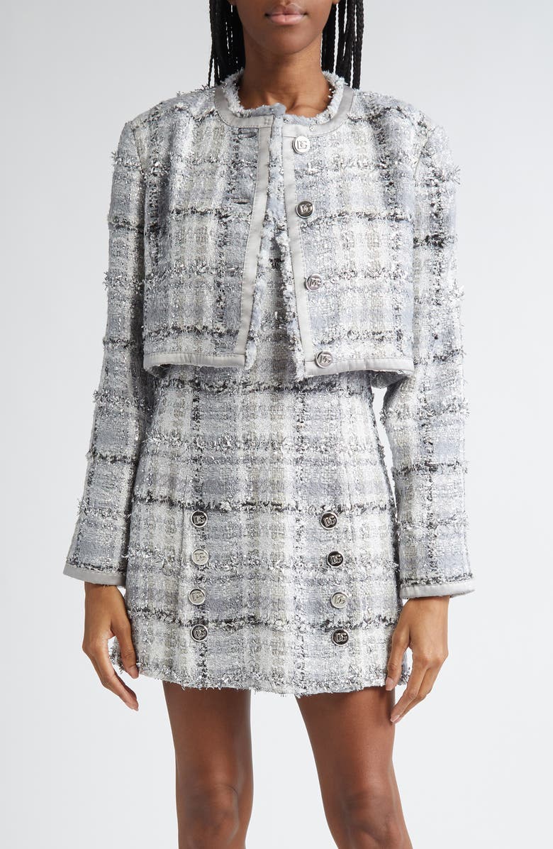 Dolce&Gabbana Check Raschel Tweed Crop Jacket, Main, color, S8100 Quadri-Check-Tartan