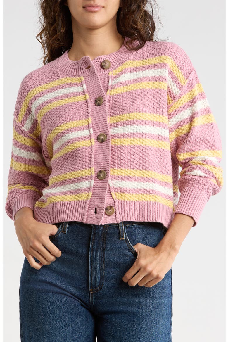 Stripe Button Front Cotton Blend Crop Cardigan, Main, color, PETAL PINK