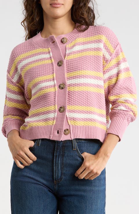 Stripe Button Front Cotton Blend Crop Cardigan