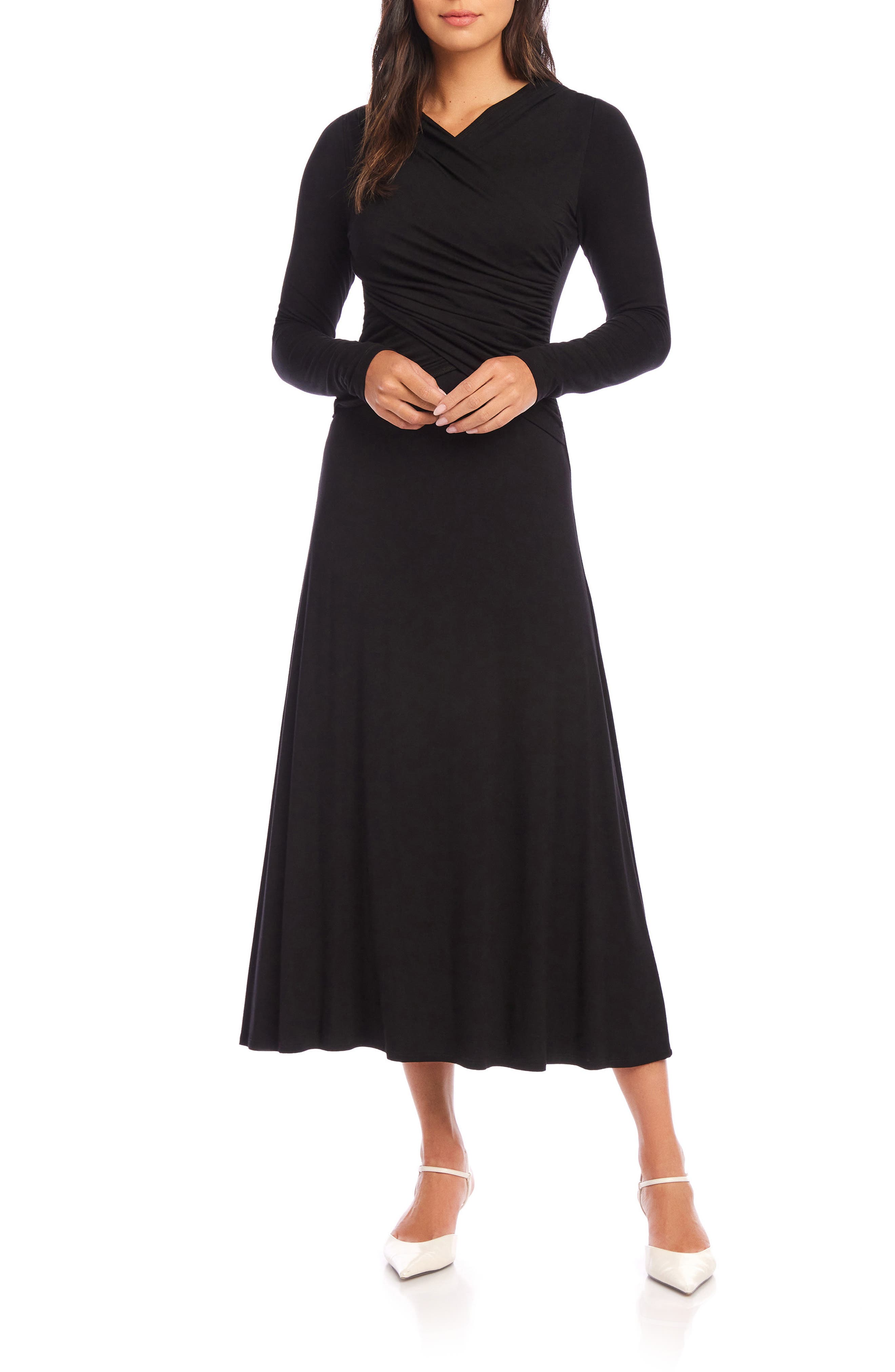 FIFTEEN TWENTY Cross Front Long Sleeve Stretch Midi Dress in Black 