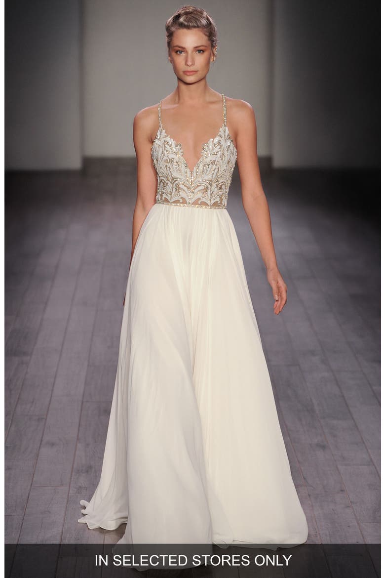 Teresa T-Strap Back Embellished Chiffon A-Line Gown, Alternate, color, IVORY NUDE