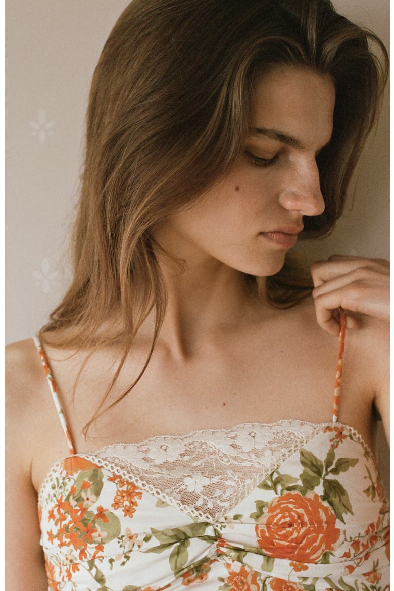 Lace Trim Floral Crop Camisole, Alternate, color, ORANGE
