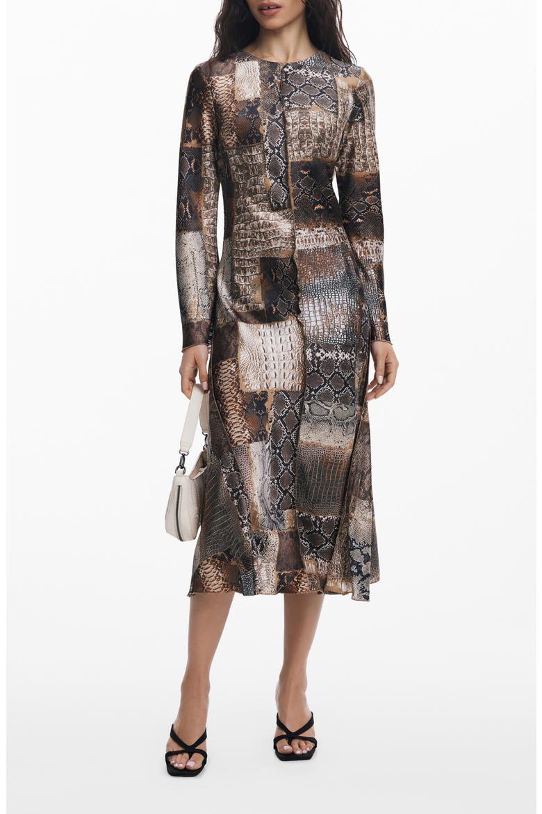 Snake Print Patchwork Long Sleeve Midi Dress, Main, color, BROWN