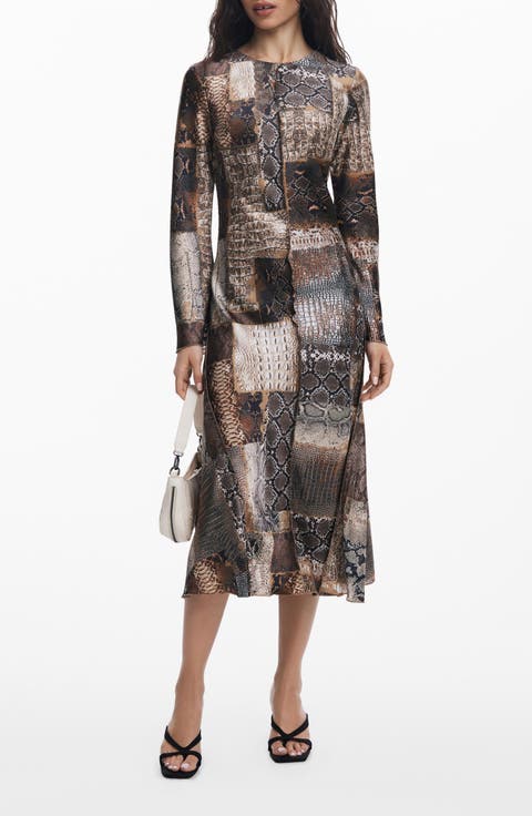Snake Print Patchwork Long Sleeve Midi Dress