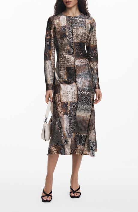 Snake Print Patchwork Long Sleeve Midi Dress
