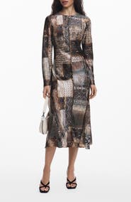 Desigual Snake Print Patchwork Long Sleeve Midi Dress