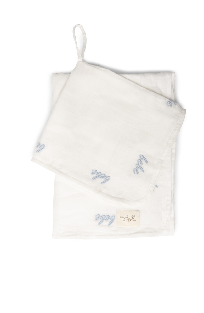 Bebe Bella Boy Embroidered Cotton Gauze Swaddle and Lovey Set, Main, color, Off White/Blue