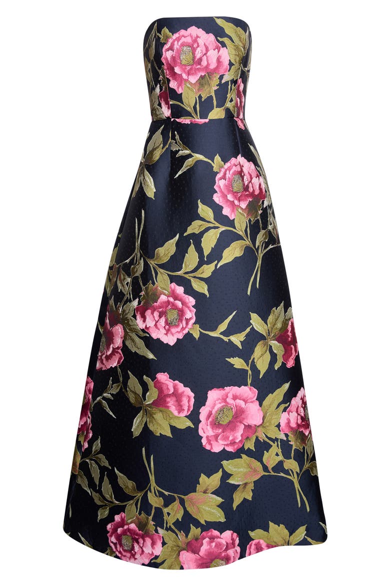 Peony Jacquard Strapless Gown, Alternate, color, MIDNIGHT MULTI
