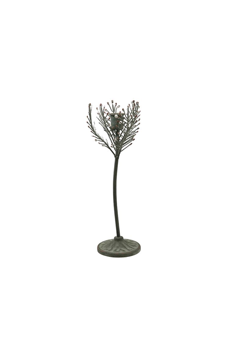 Iron Taper Holder with Hand-Painted Botanical Motif, Main, color, Green and White