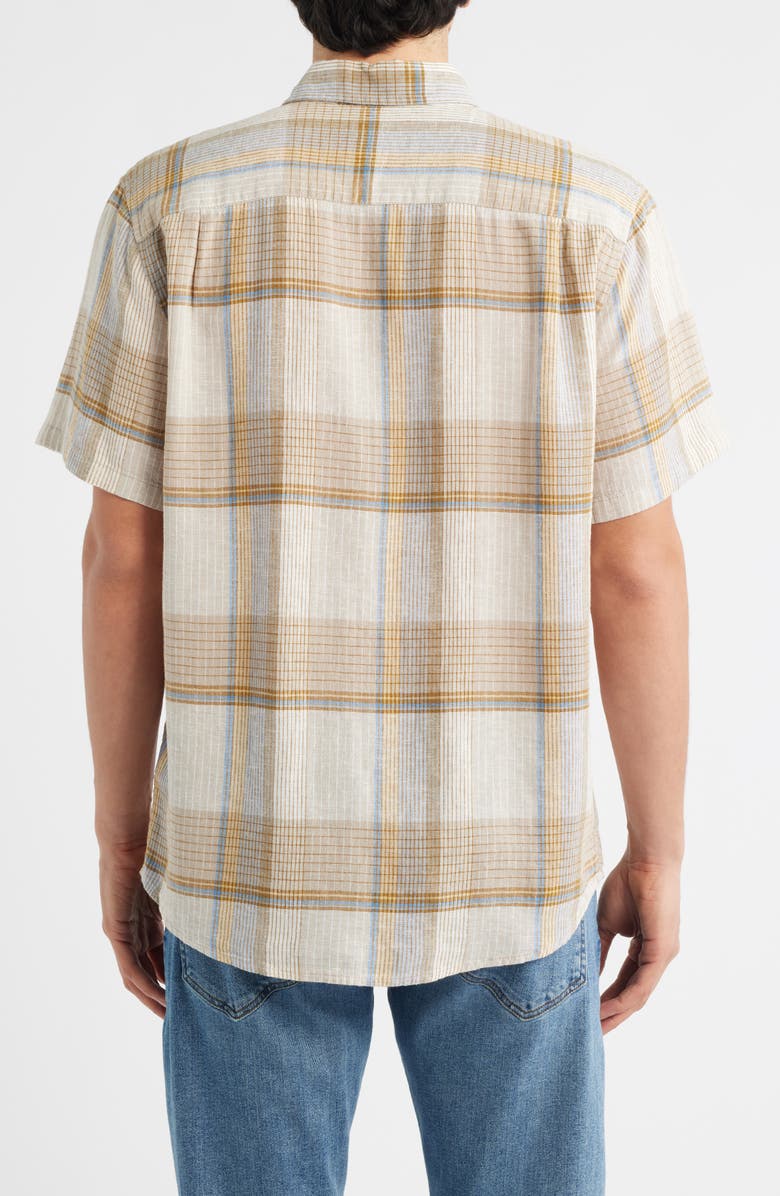 Pendleton Dawson Plaid Short Sleeve Linen Blend Button-Up Shirt, Alternate, color, Ecru/ Tan/ Blue Plaid