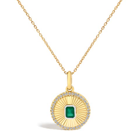 10K Yellow Gold 4x3 MM Emerald and 1/10 Cttw Diamond Circle Fluted Medallion Pendant Necklace