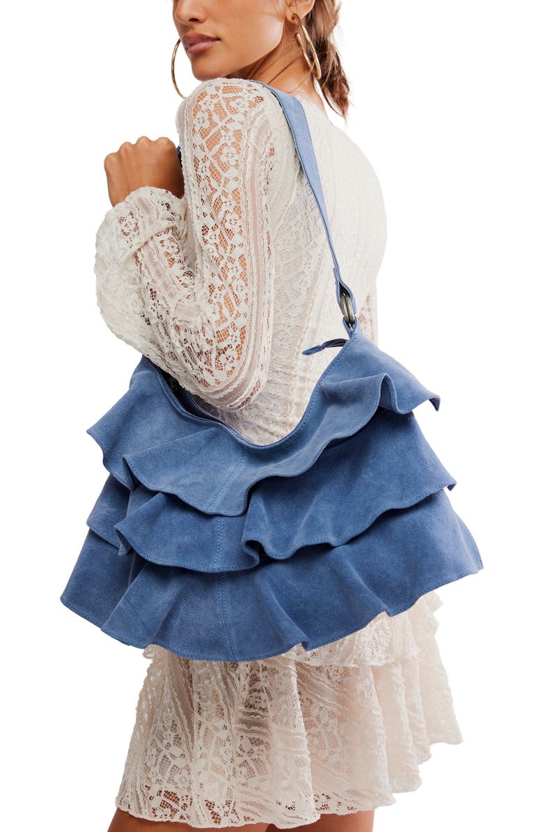 Free People Rae Ruffle Suede Shoulder Bag, Alternate, color, Slate