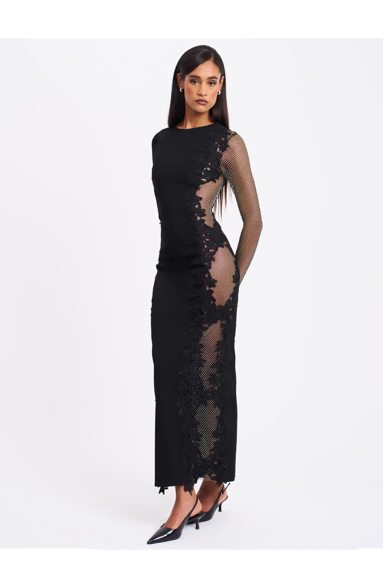 Miss Circle Bailey Lace Trim Crystal Net Cutout Long Sleeve Gown, Main, color, Black