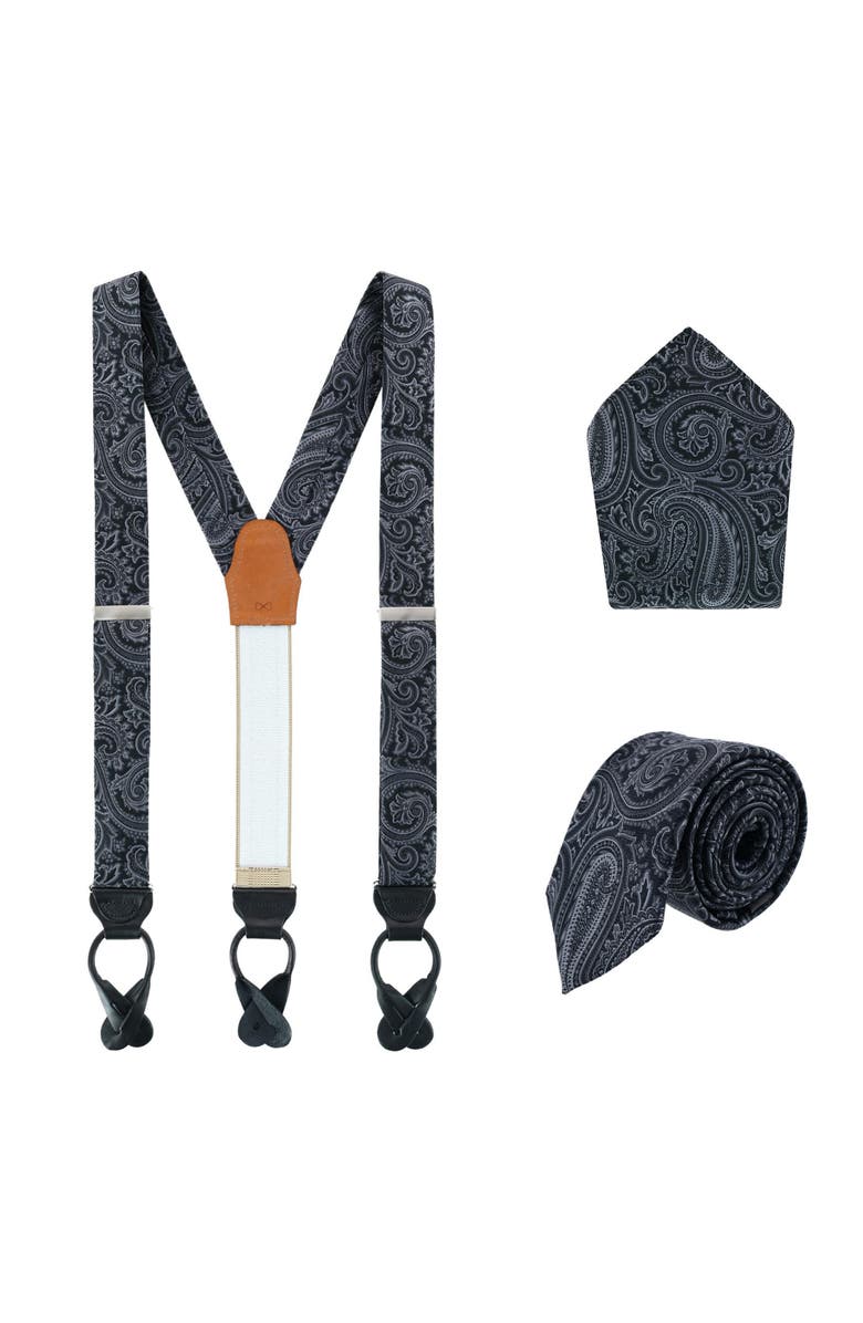 Trafalgar Sobee Paisley Brace Necktie & Pocket Square, Main, color, Black