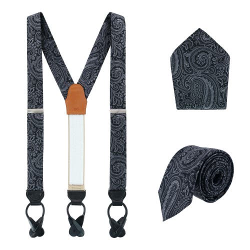 Trafalgar Sobee Paisley Brace Necktie & Pocket Square in Black at Nordstrom