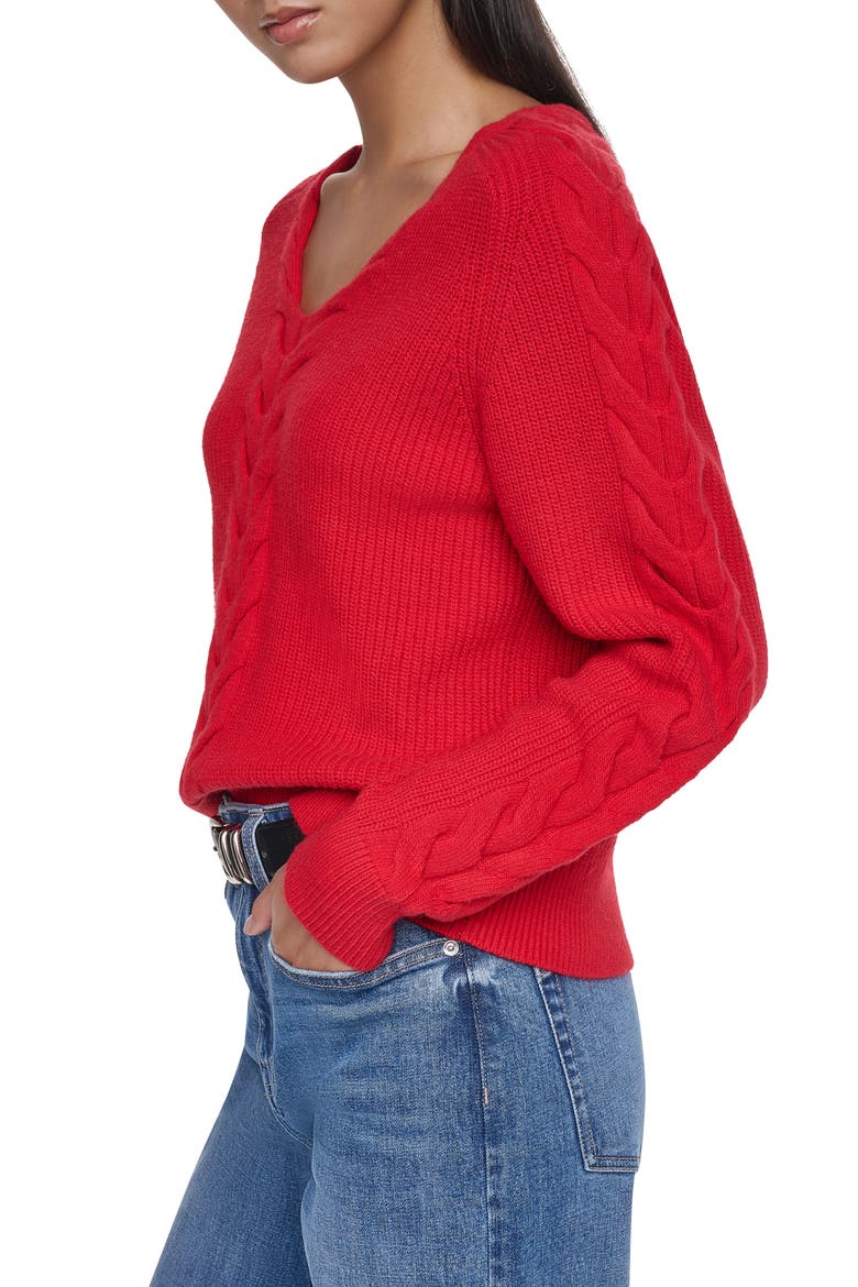 Cable Knit V-Neck Sweater, Alternate, color, VIBRANT RED