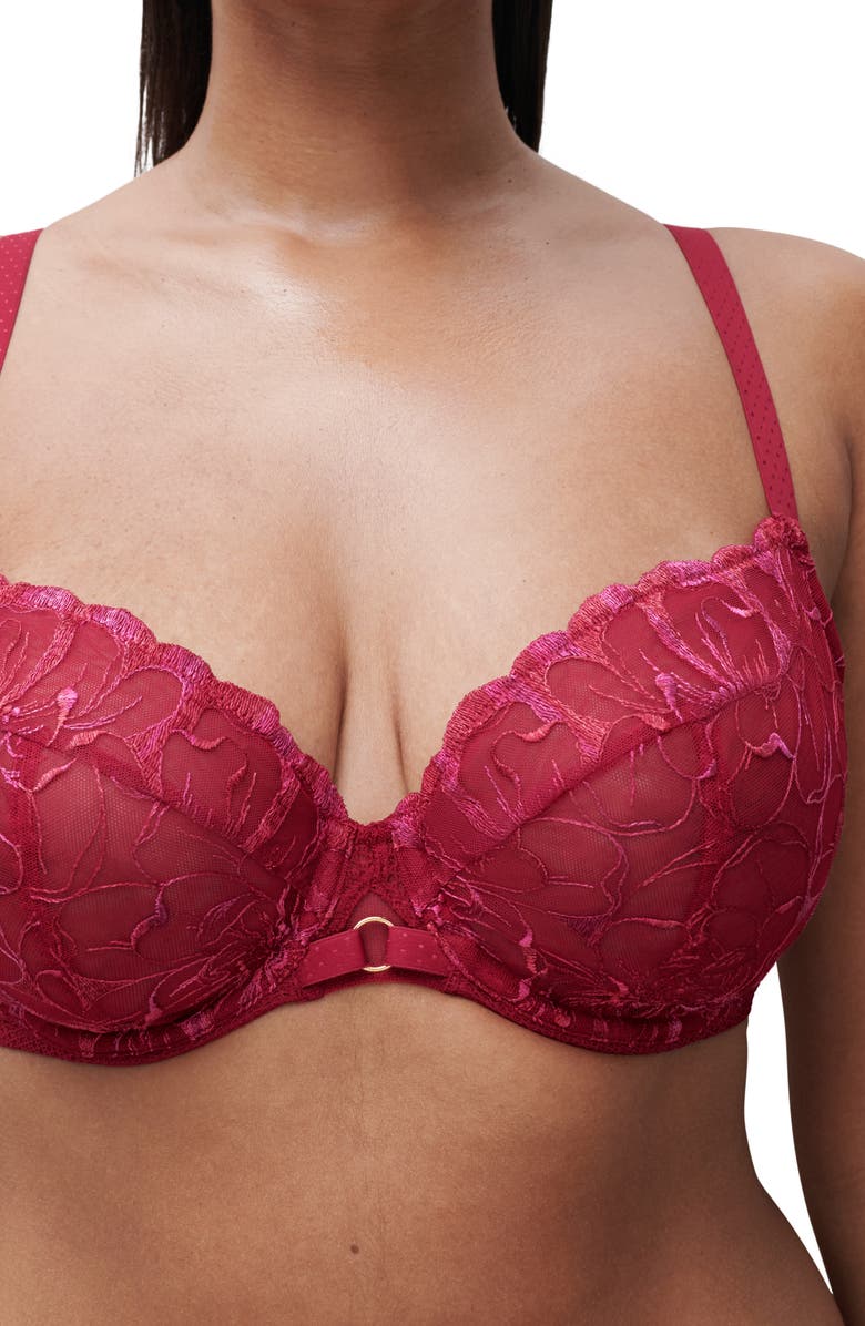 Chantelle Lingerie Fleurs Lace Unlined Underwire Plunge Bra, Alternate, color, Candy Apple Shades