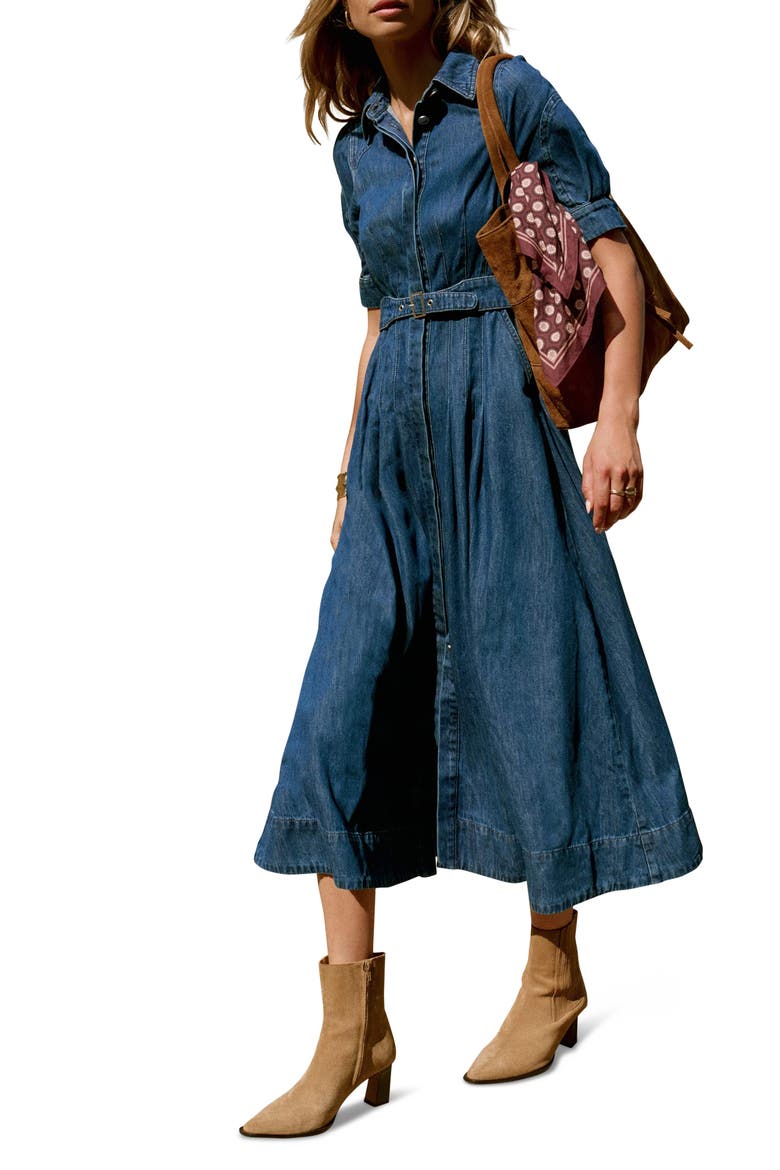 Denim Midi Shirt Dress with a belt, Main, color, Navy