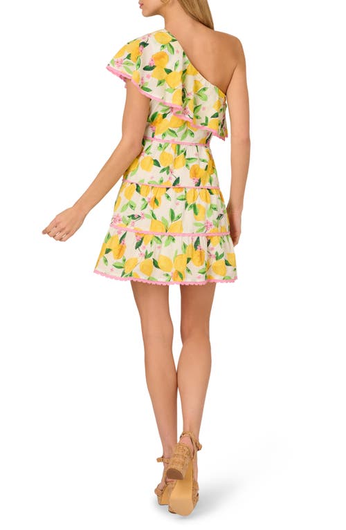 ADRIANNA PAPELL ADRIANNA PAPELL PRINT CLIP DOT RUFFLE ONE-SHOULDER TIERED MINIDRESS