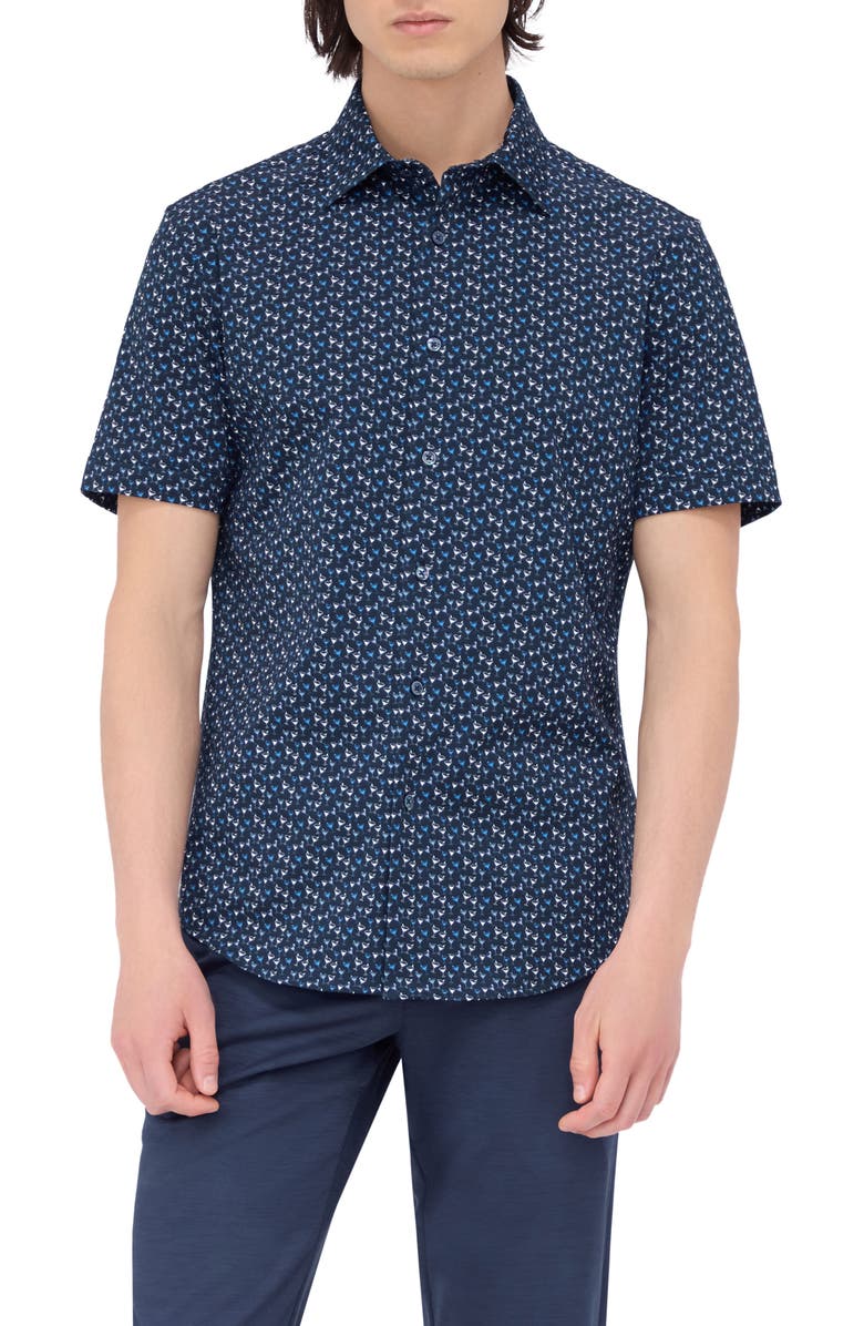 Bugatchi Miles OoohCotton<sup>®</sup> Barware Print Short Sleeve Button-Up Shirt, Main, color, Navy