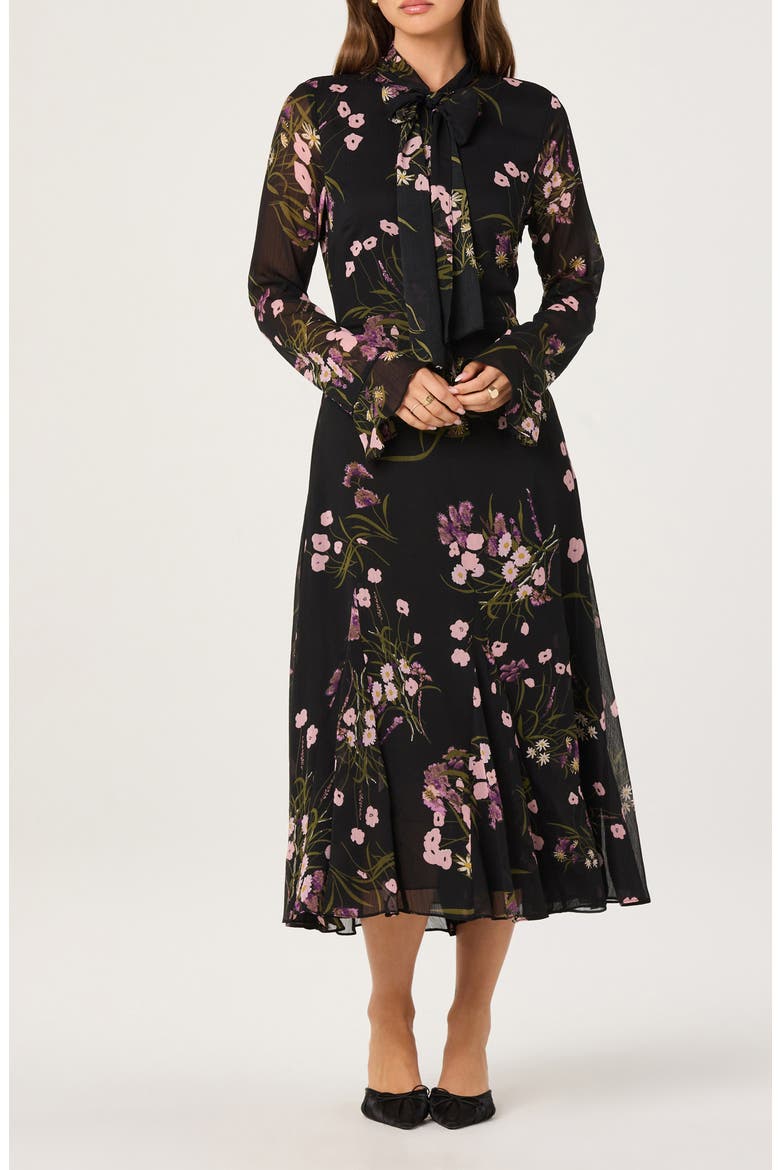 Floral Tie Neck Long Sleeve Dress, Alternate, color, BLACK PINK FLORAL