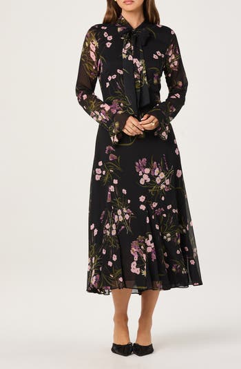 Floral Tie Neck Long Sleeve Dress