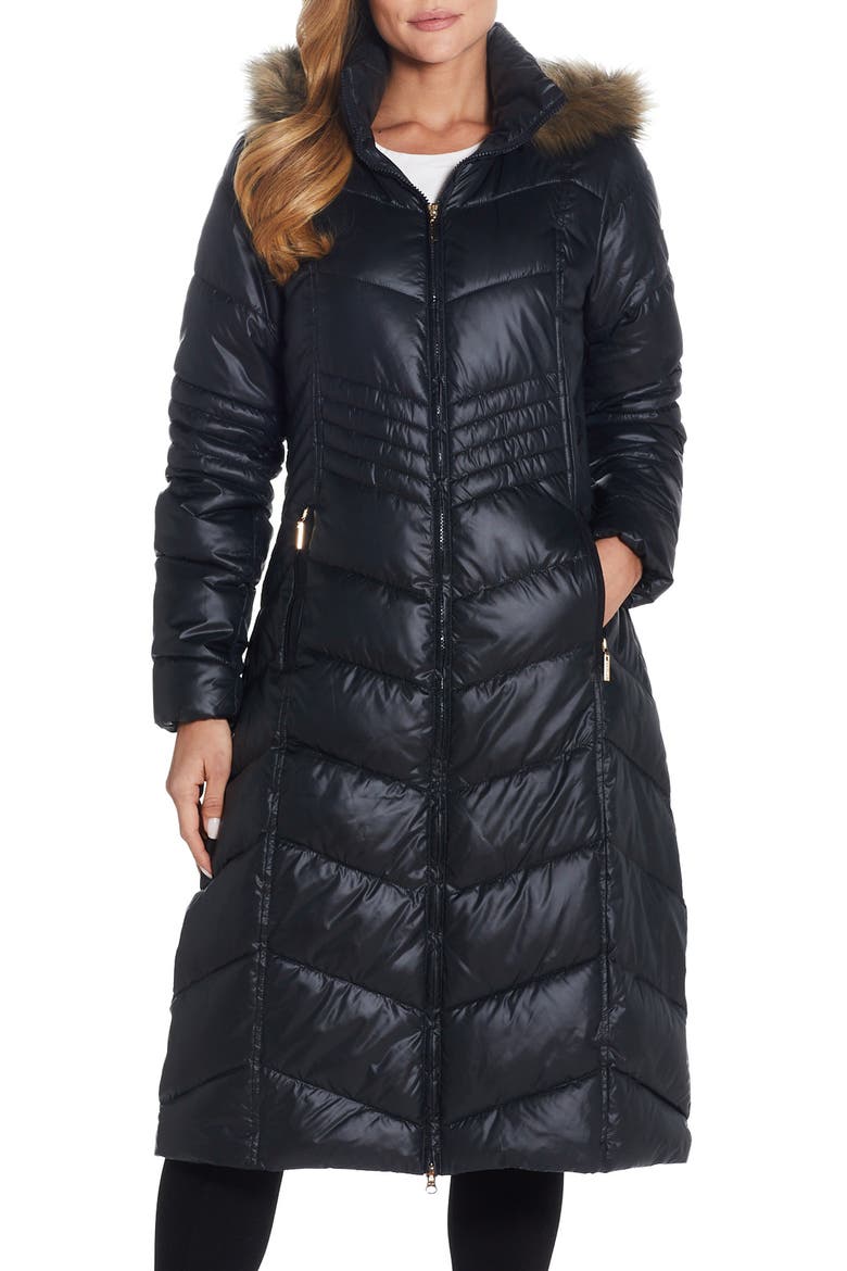 Long Quilted Parka with Faux Fur Trim, Main, color, BLACK