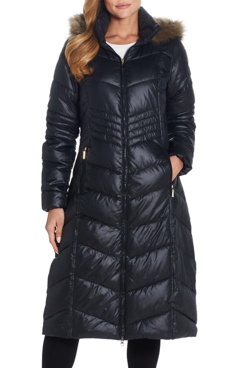 Long Quilted Parka with Faux Fur Trim