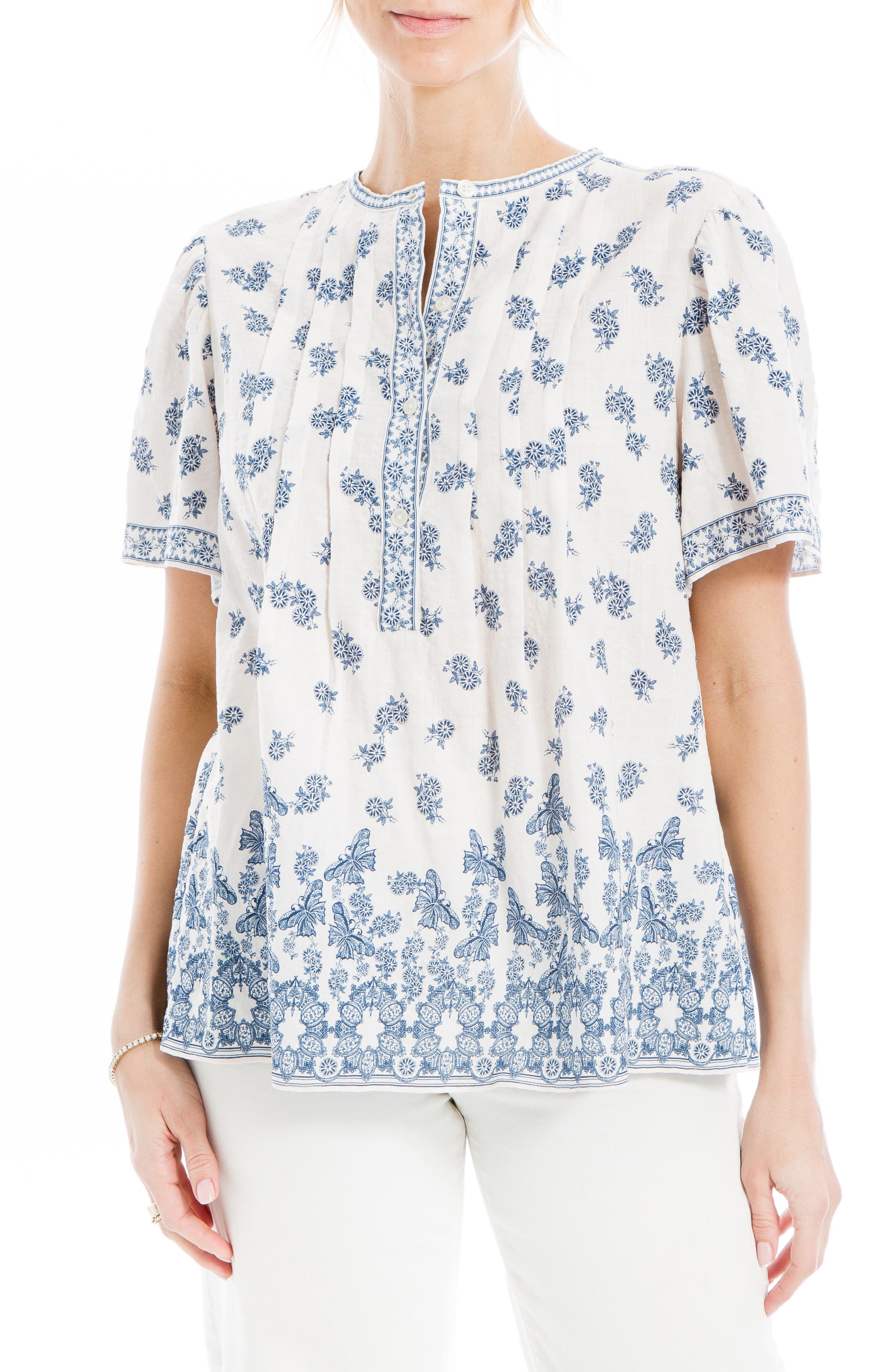 MAX STUDIO Floral Pintuck Pleat Cotton Blend Top (Women) | Nordstromrack